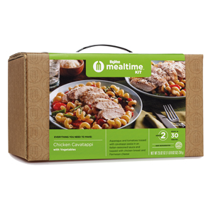 A Hy-Vee Mealtime Kit brown box with green product packaging